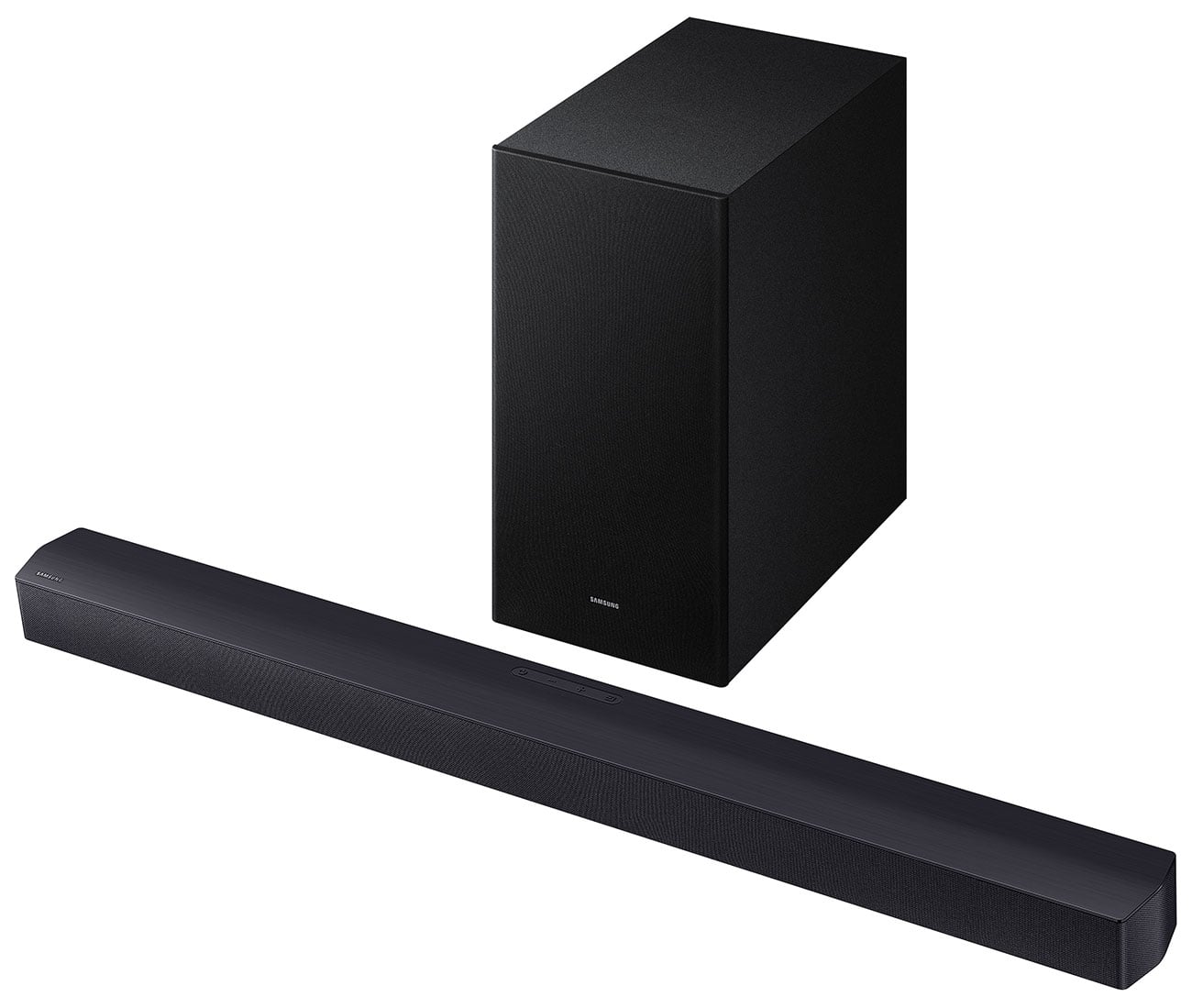 Front Right View of Samsung Soundbar with Subwoofer
