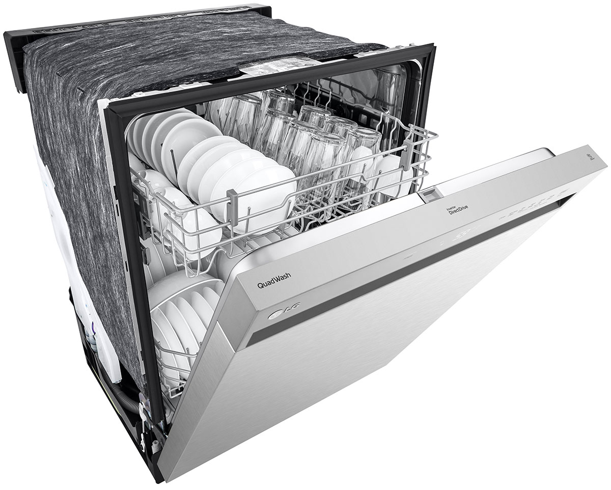 Full Racks Pulled Out of a Stainless Steel LG Dishwasher