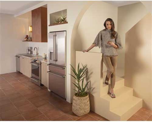 Angle view of refrigerator in the kitchen.
