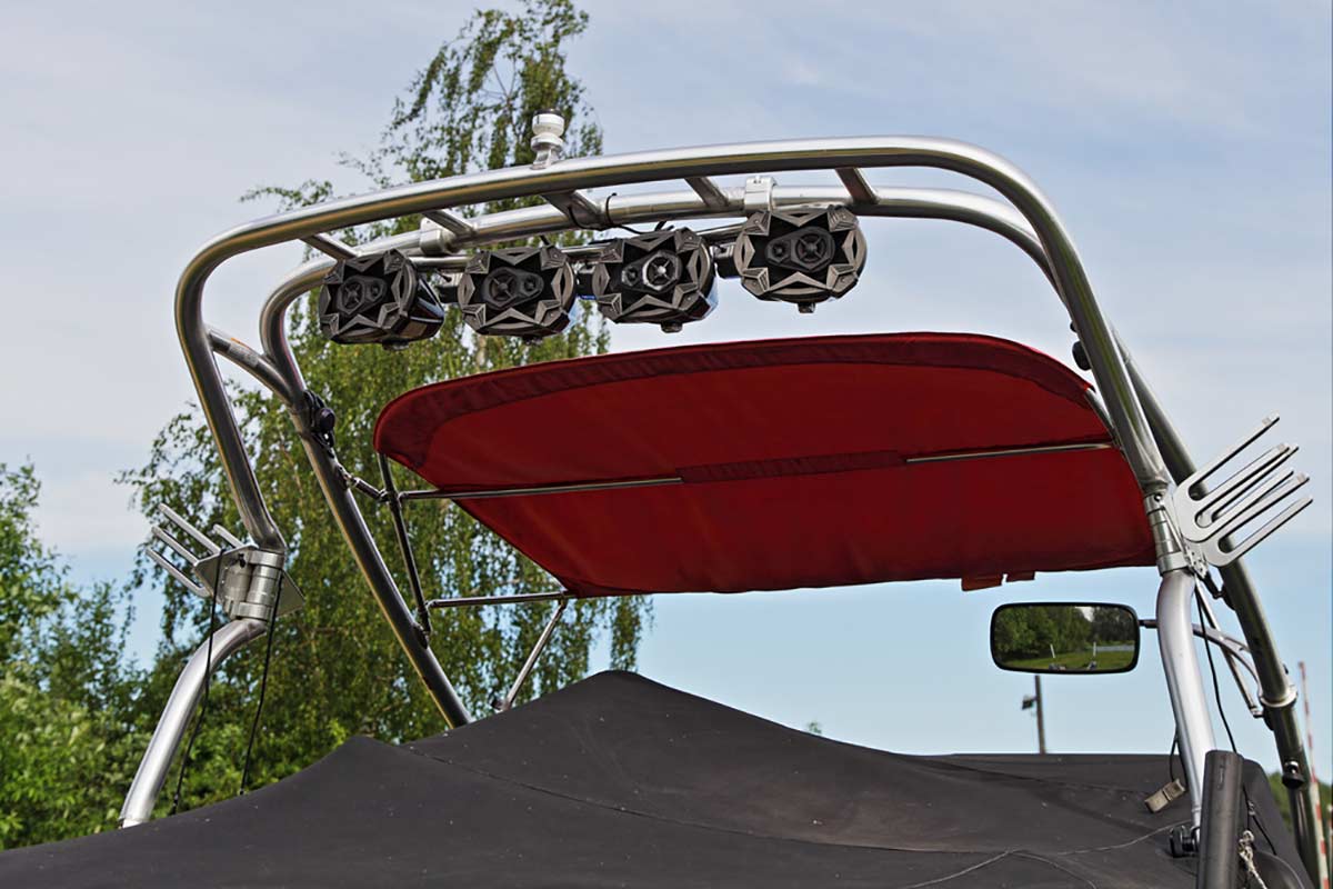 Boat Tower Speakers with Red Awning