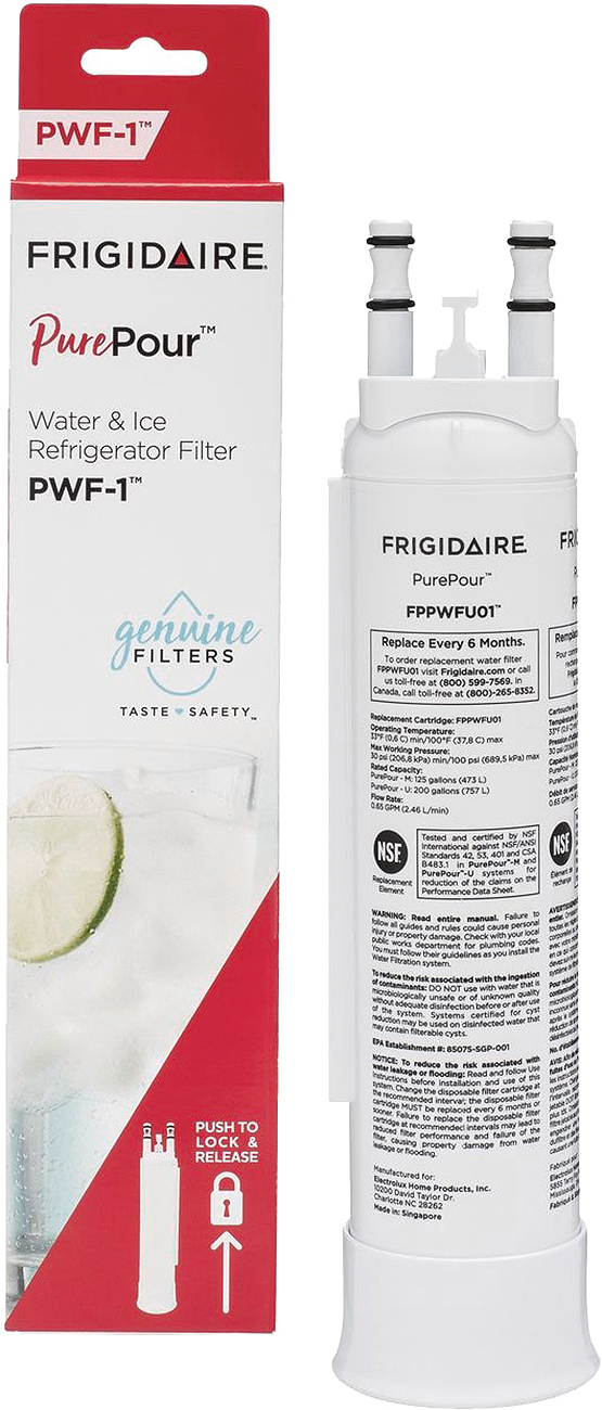 Front view of water filter next to packaging box