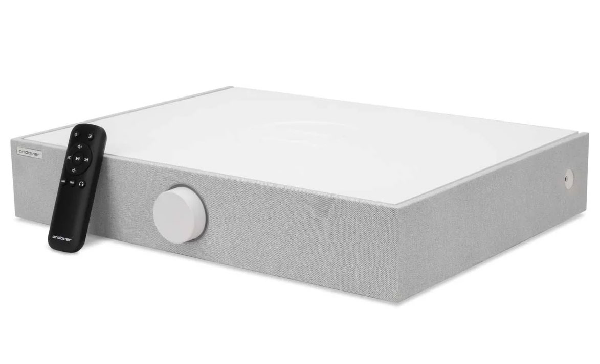 Front Right View of Andover Turntable Speaker with Remote