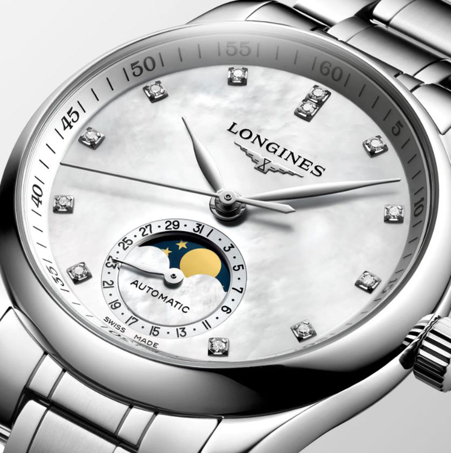 Close Up View of the Longines Master Collection Automatic Moonphase Stainless Steel Watch
