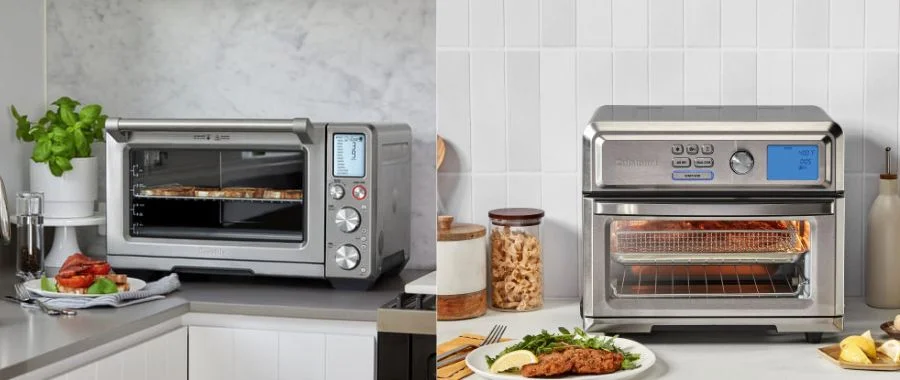 The Cuisinart Digital Air Fryer frying foods on a kitchen countertop and the Breville Smart Oven Air Fryer Pro sitting on a kitchen countertop with a sandwich in front