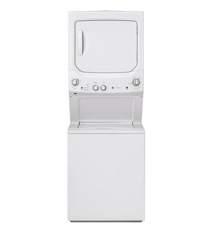 Front of stacked washer and dryer in White.