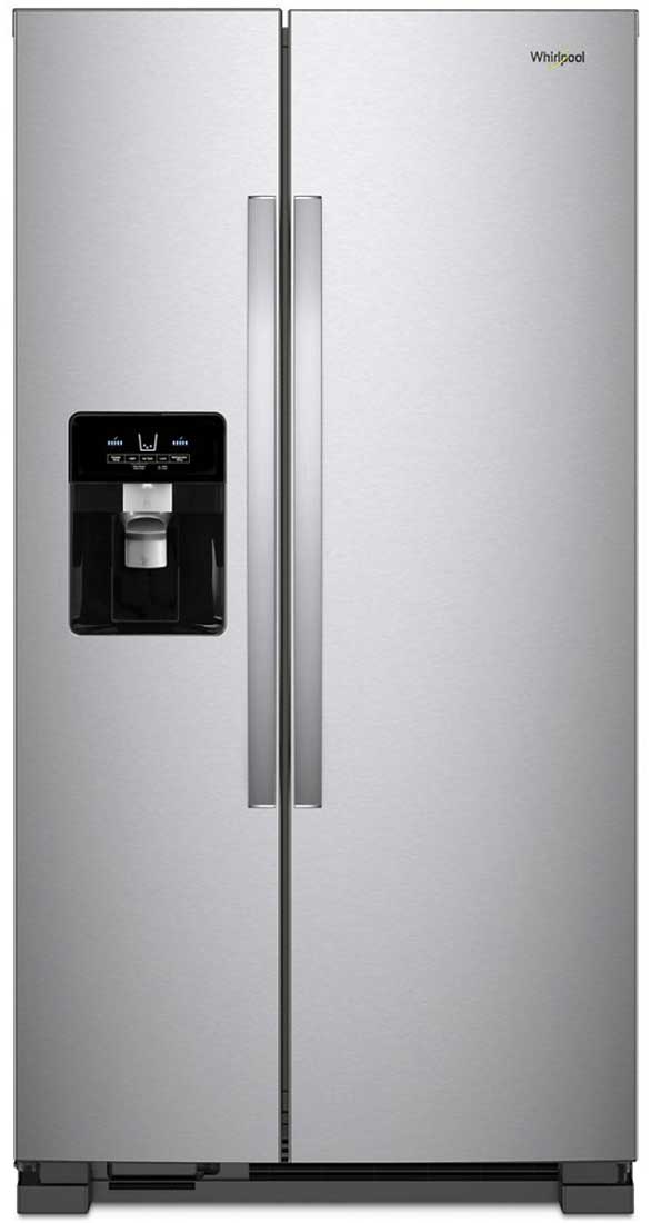 Front of side-by-side refrigerator in Fingerprint Resistant Stainless Steel.