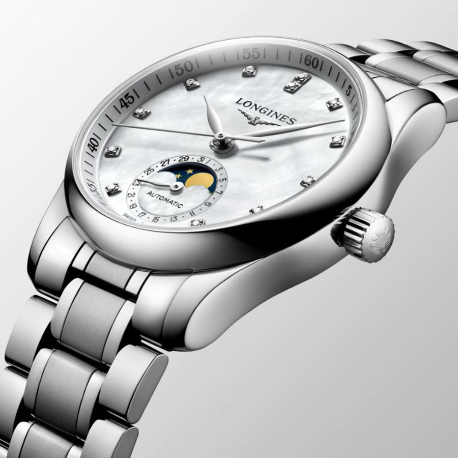 Angled View of the Longines Master Collection Automatic Moonphase Stainless Steel Watch