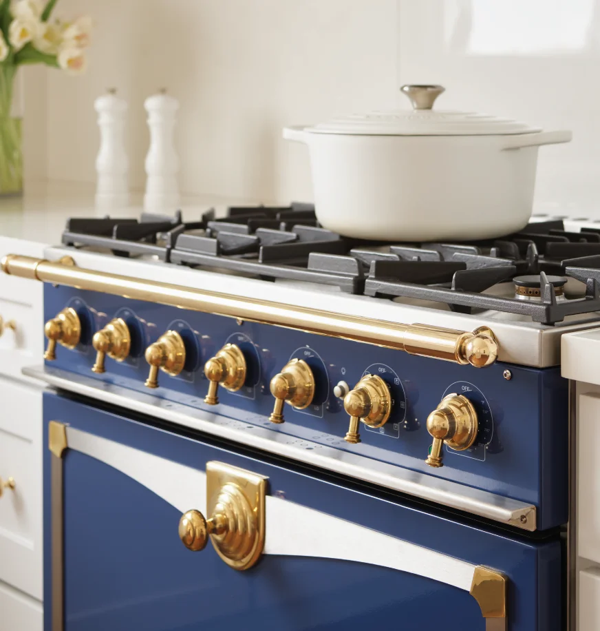 Navy blue La Cornue range detail with brass hardware and a white dutch oven on the cooktop