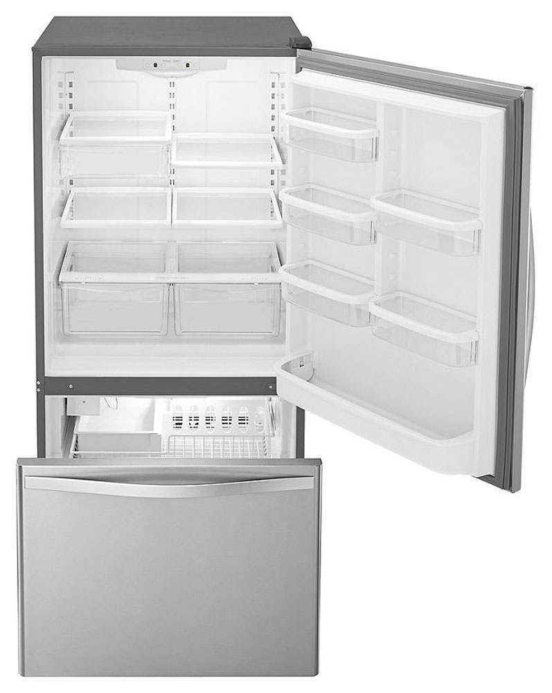 Stainless Steel Bottom Freezer Refrigerator with doors open and empty inside
