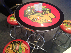 Sport themed bar stools and table