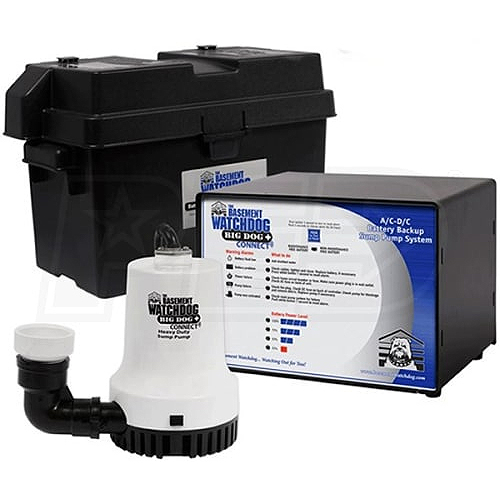 Basement Watchdog Backup Sump Pump showing pump, controls, and battery