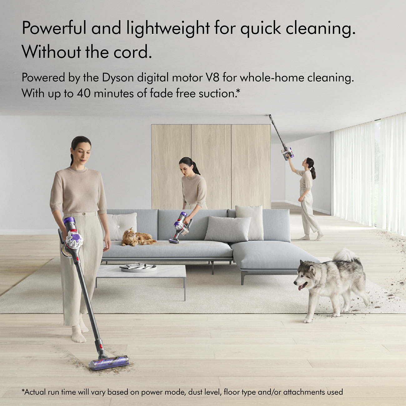 Illustration of Four Different Living Room Cleaning Options Using a Dyson V8 Cordless Stick Vacuum

