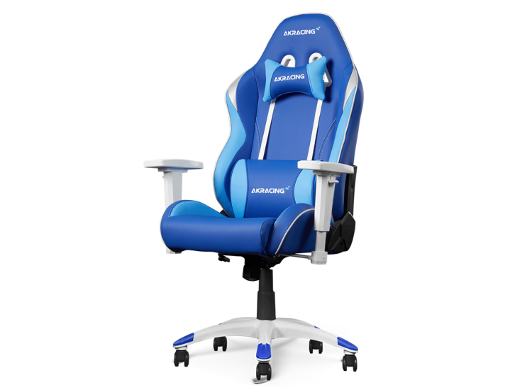Blue AkRacing chair shown from side with tilt mechanism, white base and skincare cushions.