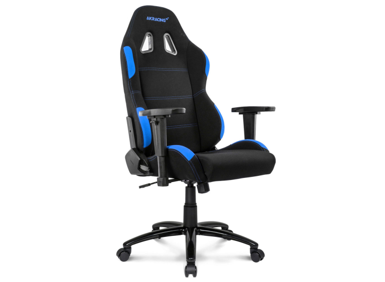 Back view of the AKRACING black and blue gaming chair showing reclining back and exposed screws