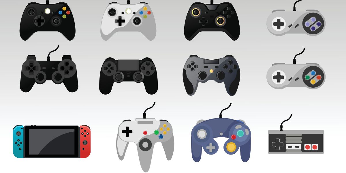 Collection of gaming controllers throughout history all beside each other