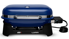 Front view of dark blue Weber Lumin grill