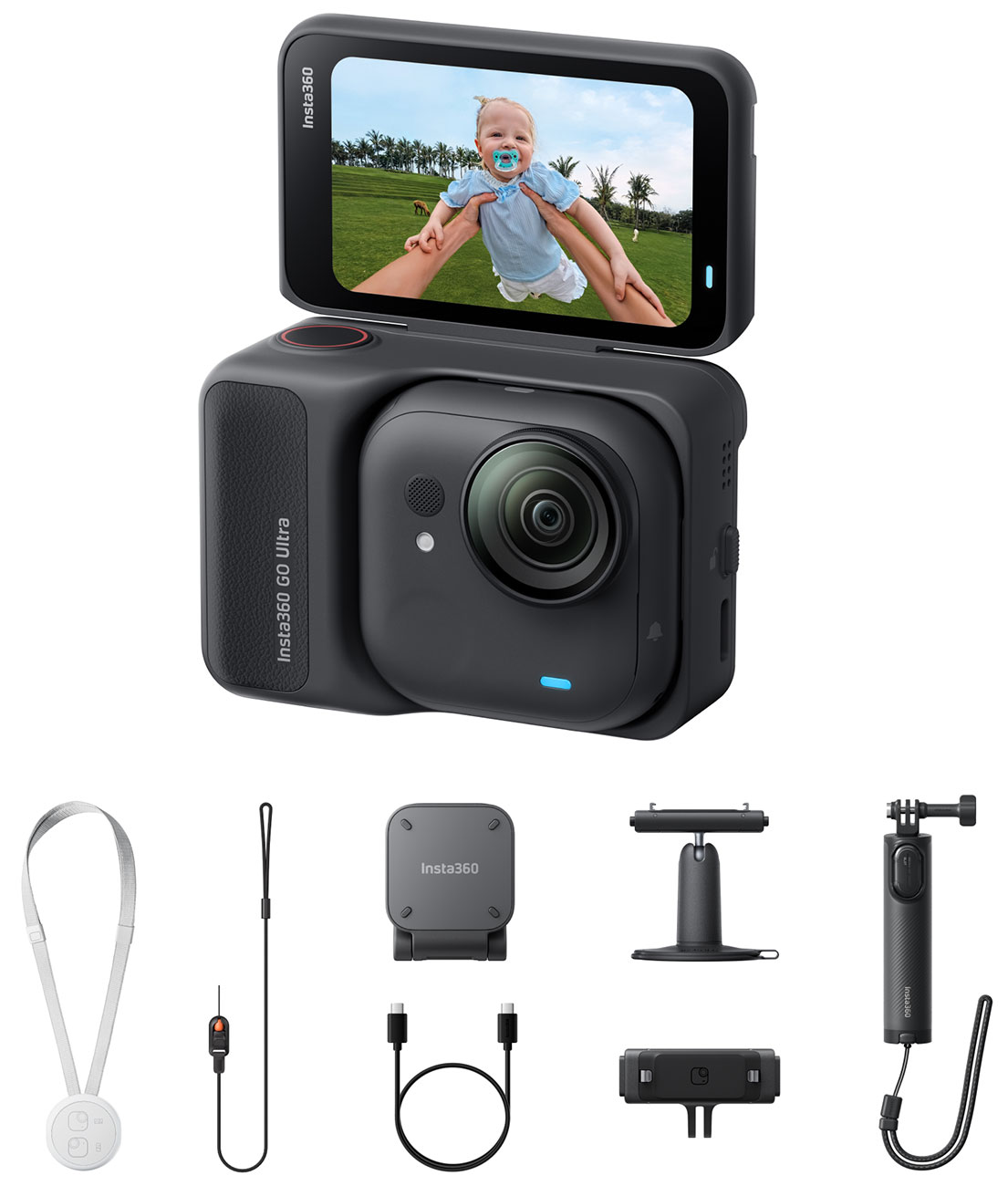 Front Angled View of Insta360 Action Camera and Accessories 