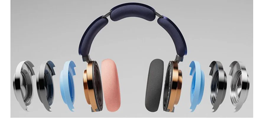 A pair of Dyson OnTrac headphones deconstructed to show the various ear cushion and ear cap color options