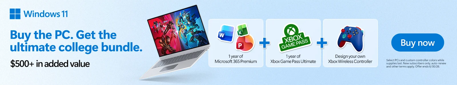 Stylized Microsoft Banner featuring a Microsoft surface laptop, M365 product icons, xbox, and the xbox wireless controlller, showcasing the bundle build