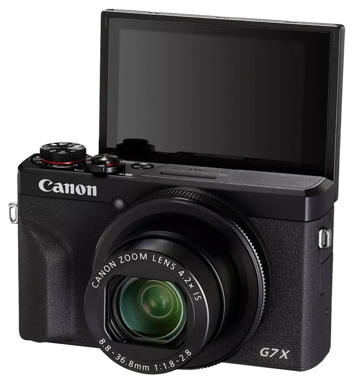 Dynamic view of the Canon Powershot G7 X Mark III, showcasing screen flip