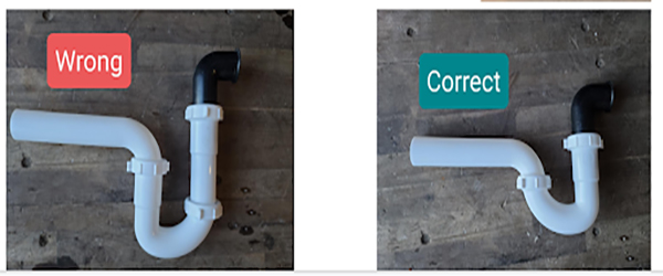 P-Trap Arranged correctly and incorrectly for garbage disposal installation