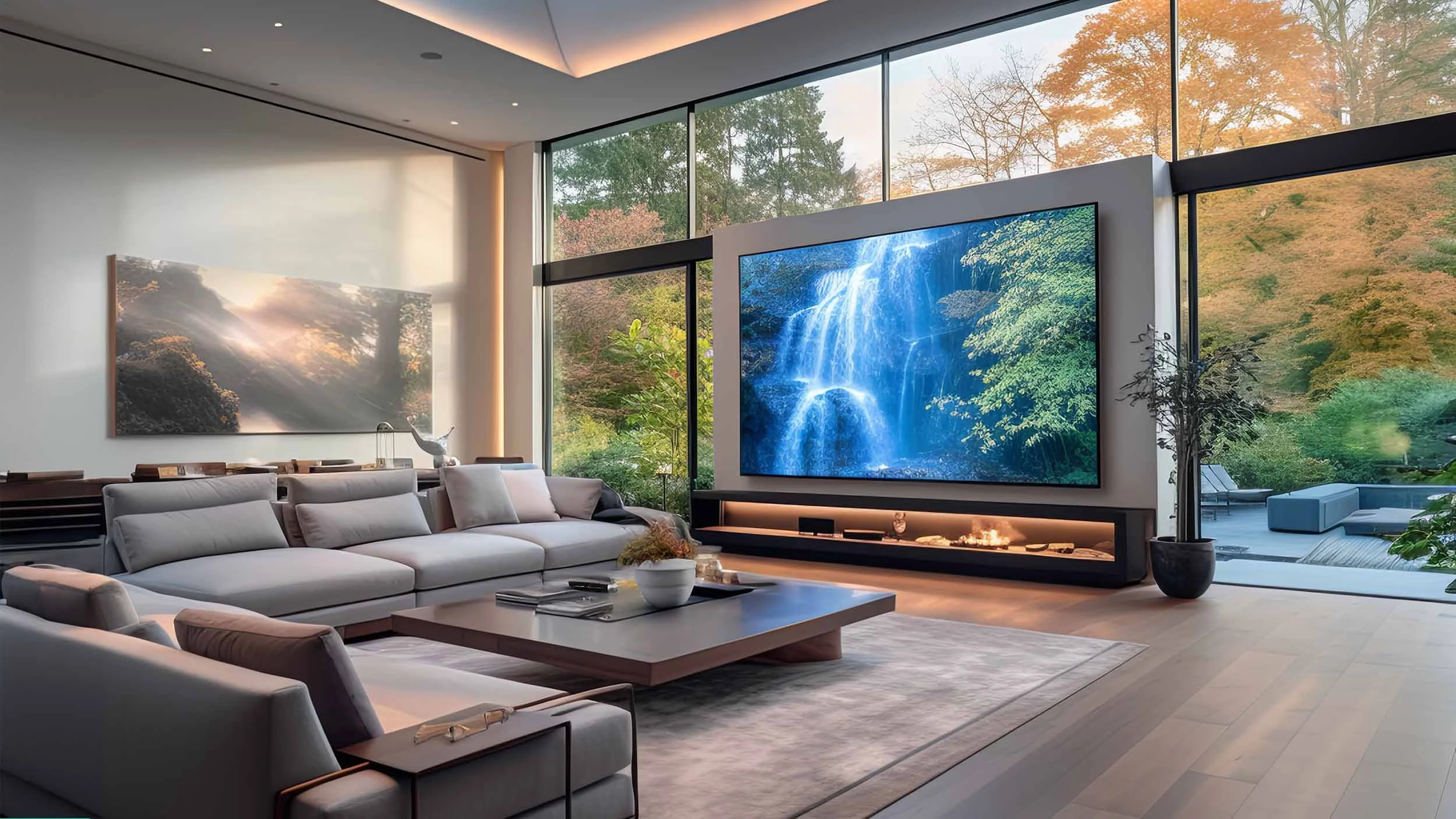 Large MicroLED video wall in a luxury living room