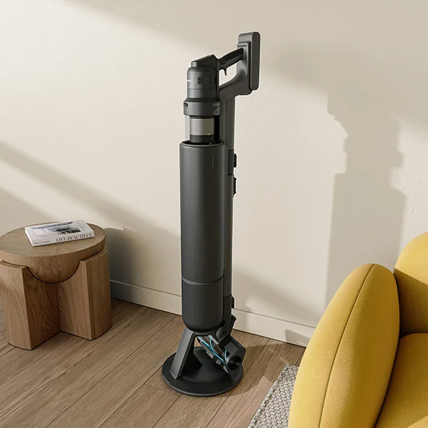 black Samsung Bespoke vacuum on its stand