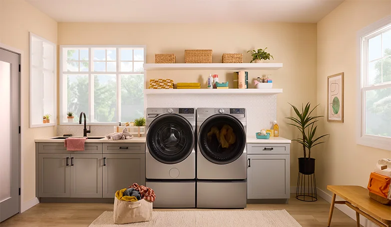 Whirlpool washer and dryer combo in a clean organized laundry room