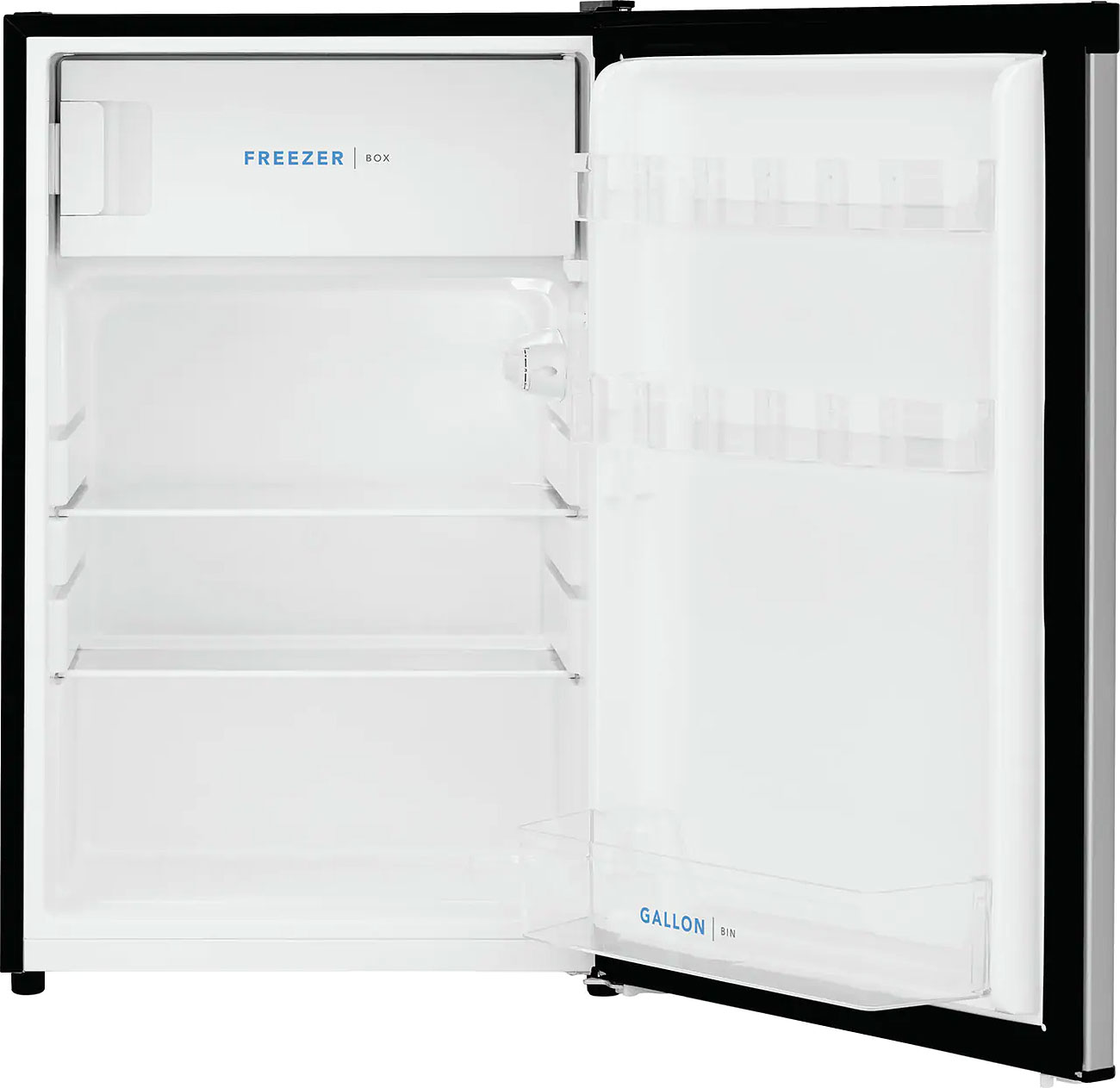 Front, open, empty view of compact refrigerator