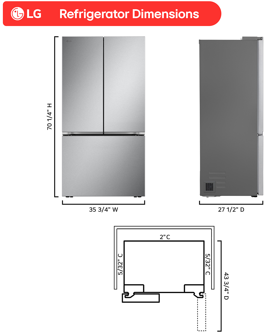 Dimensions View of LG Refrigerator in Stainless Steel