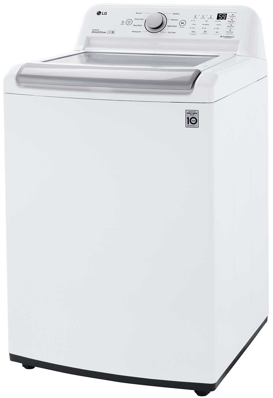 White LG 5 Cu. Ft. Top Load Washer WT7150CW With Closed Lid From the Left

