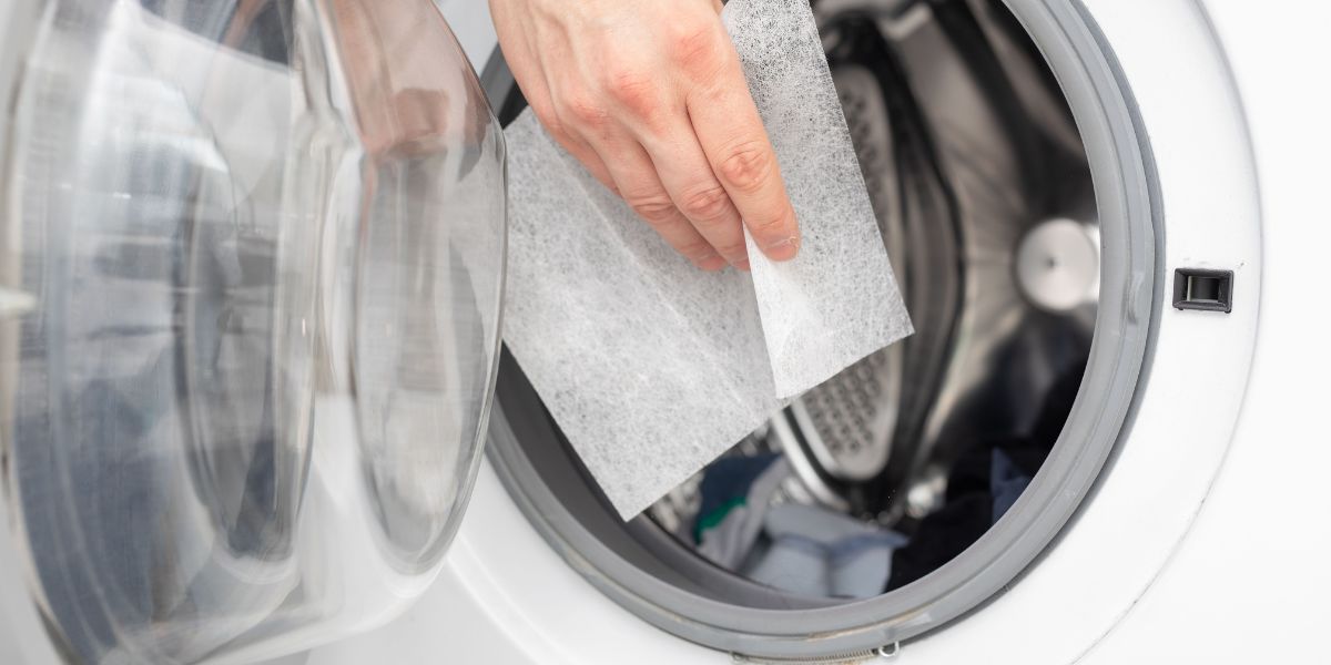 Person tossing a dryer sheet into a dryer.