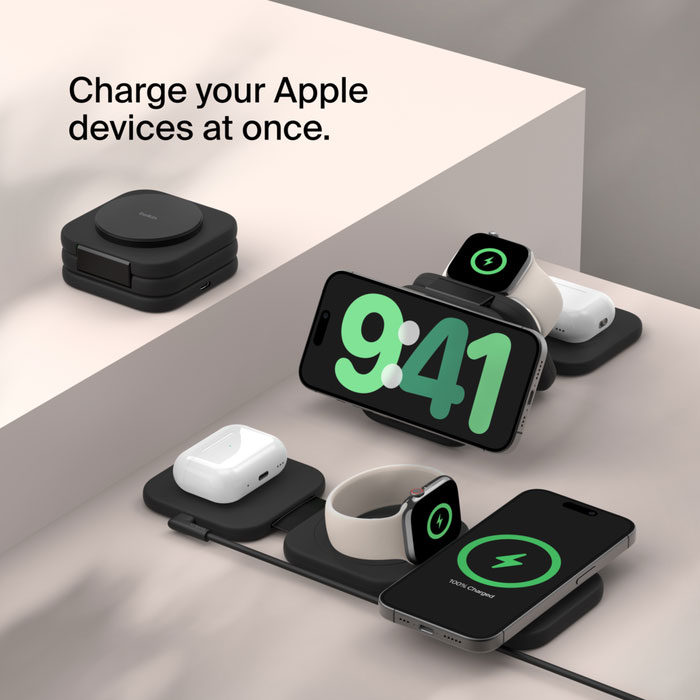 Infographic View of Belkin Wireless Charging Pad Charging 3 Devices at Once