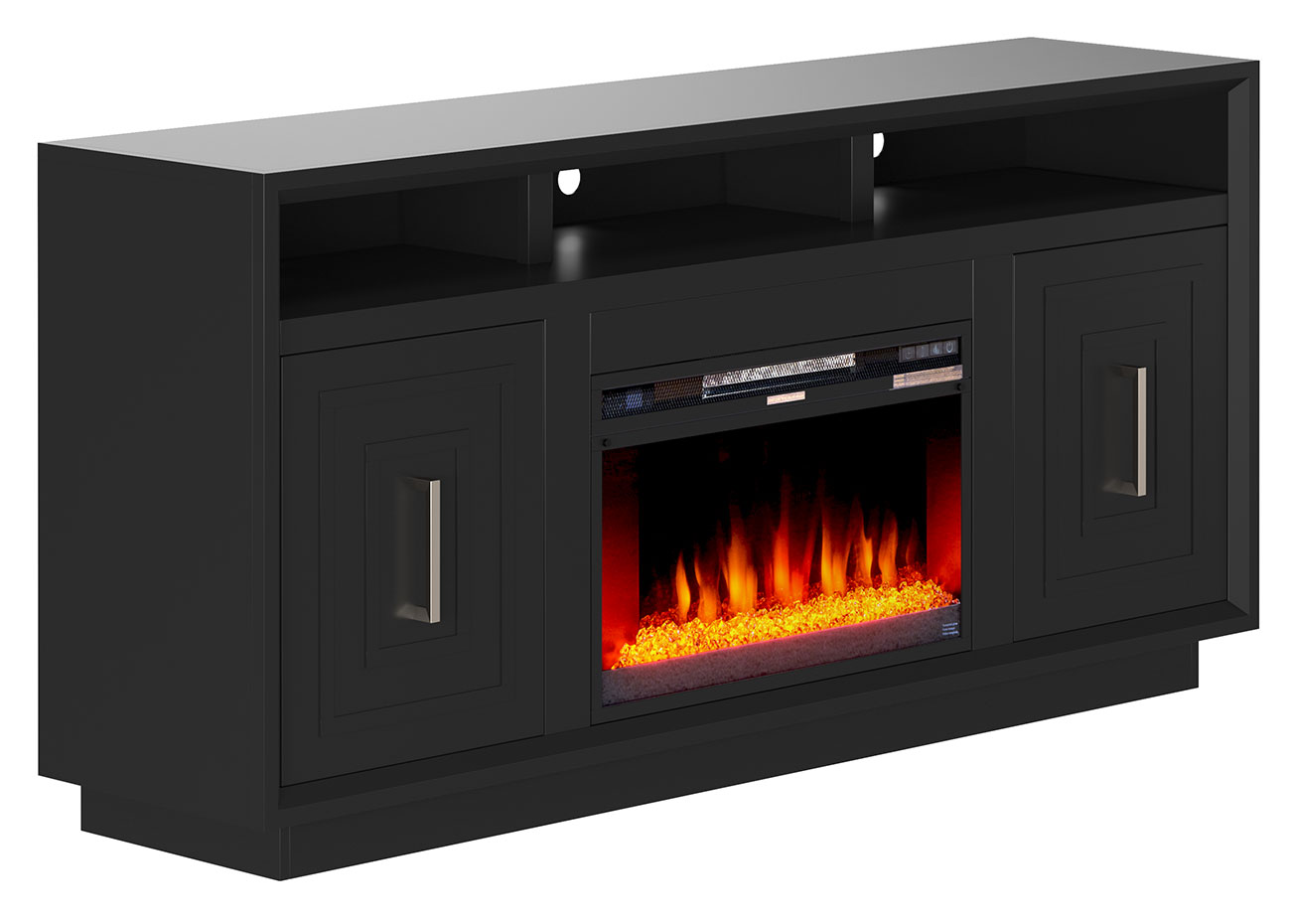 Angled view of Legends Furniture Sunset 68" Fireplace TV Stand in Black