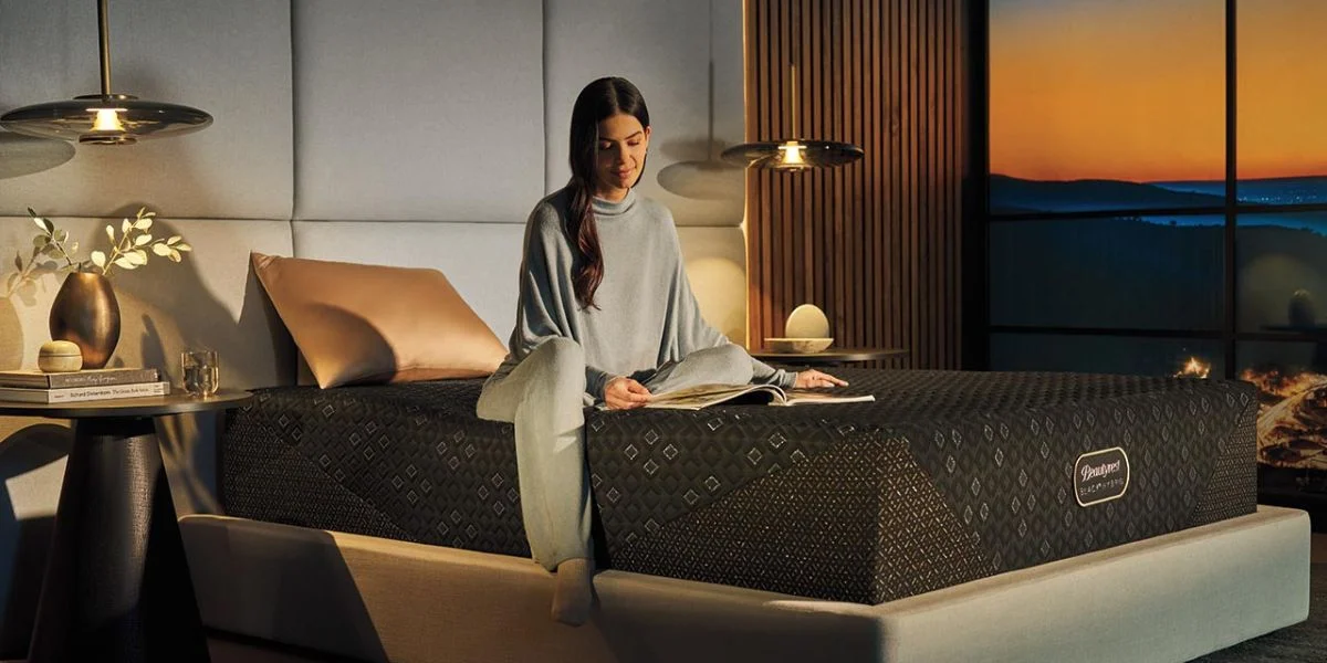 A woman sitting on a black mattress, relaxing and reading