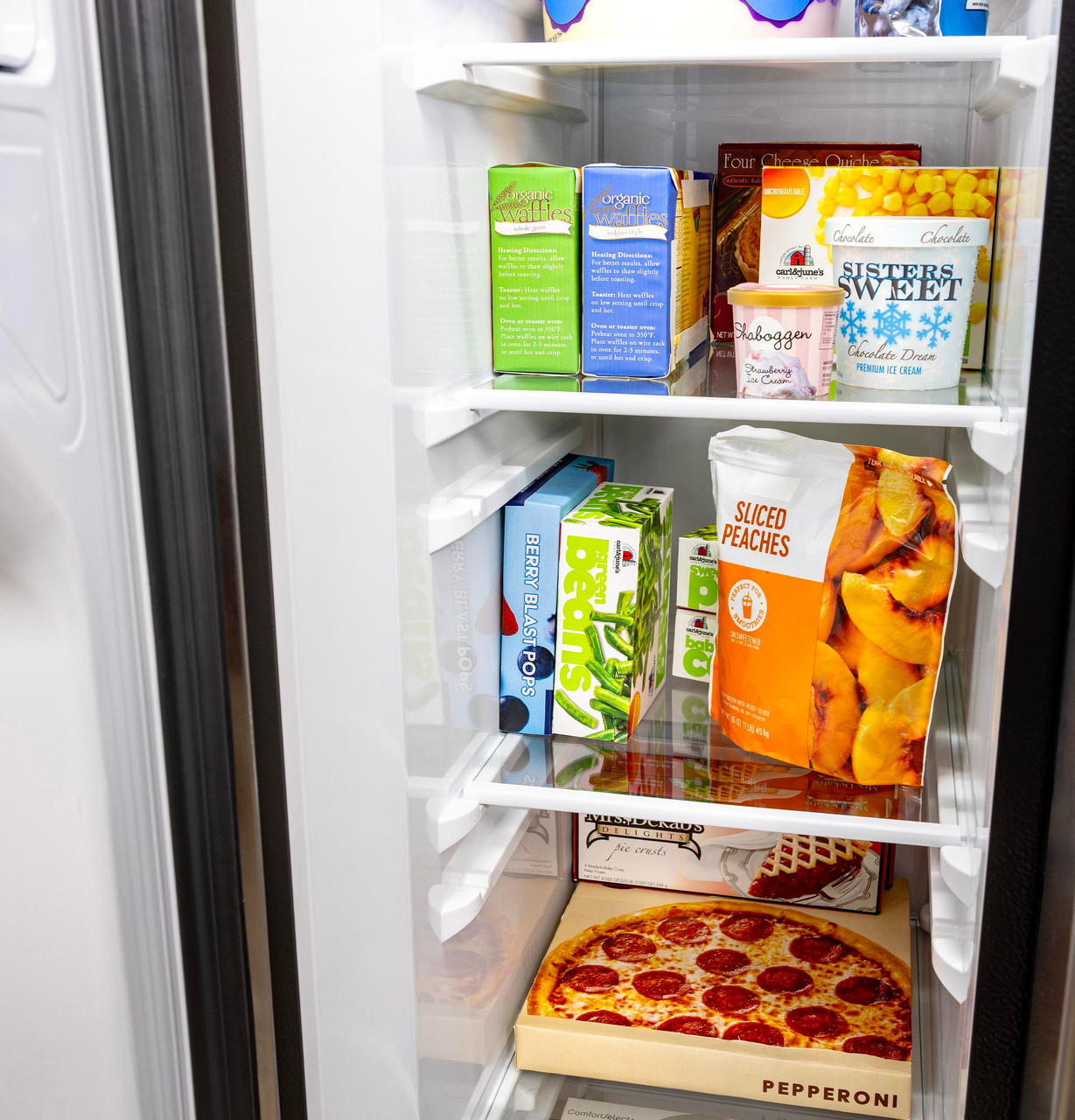 Freezer Shelves view of GE Refrigerator