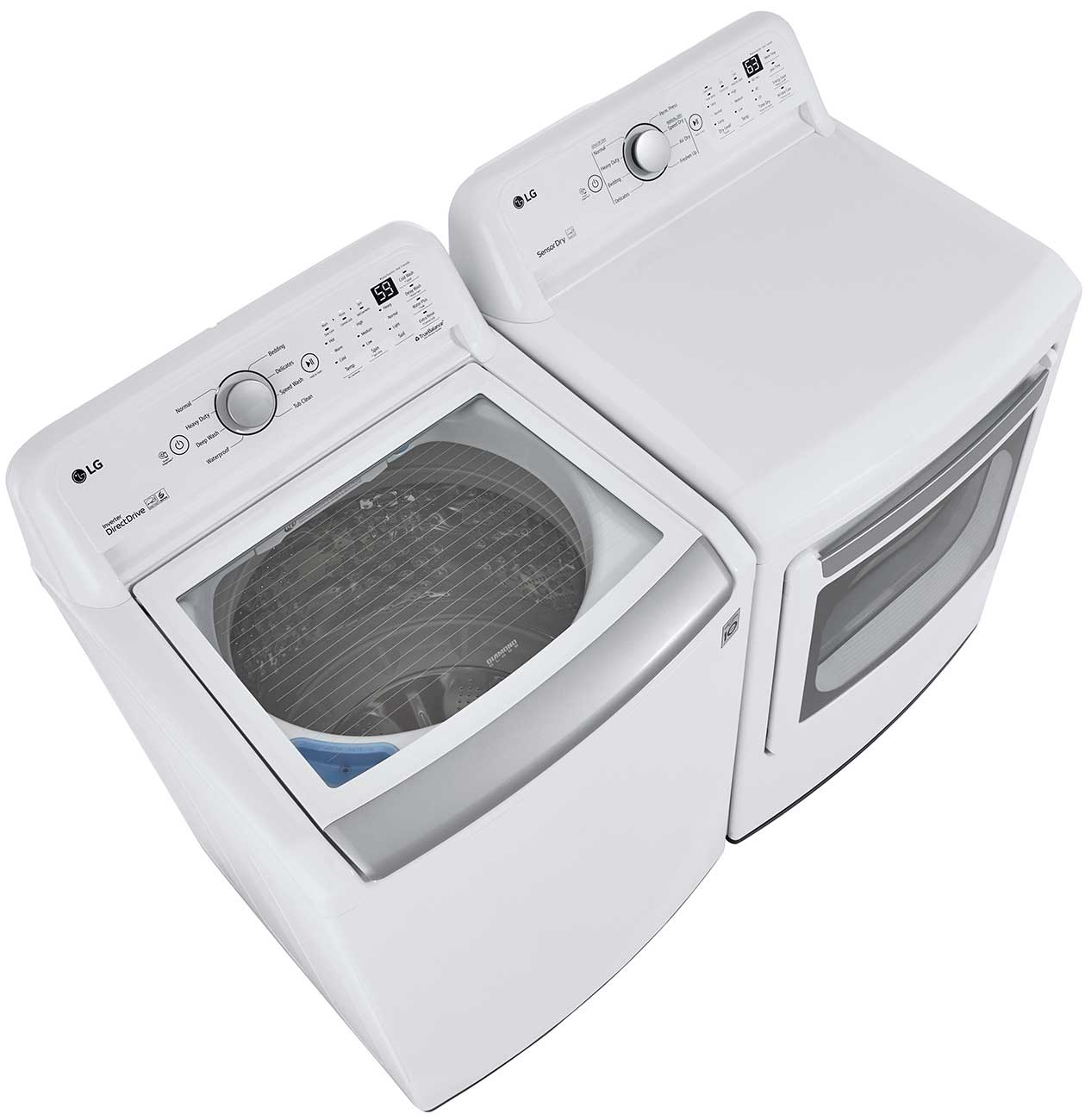 LG 5 Cu. Ft. Top Load Washer WT7150CW from the Top next to an Empty LG Dryer
