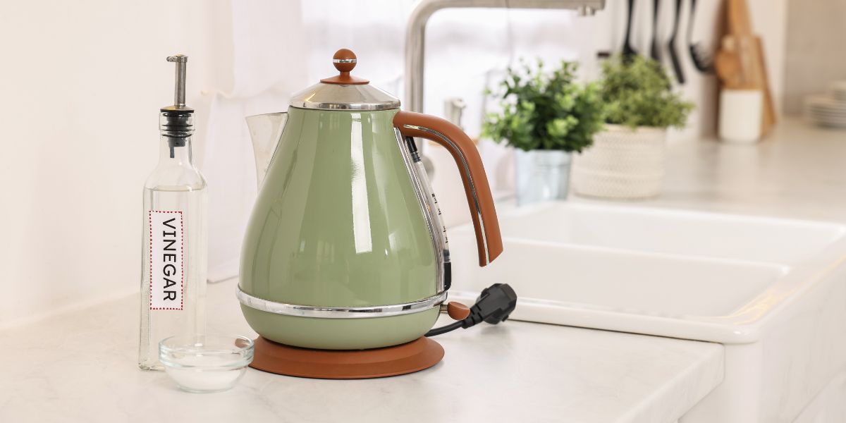 An olive green kettle sitting on a white countertop with baking soda and vinegar next to it.