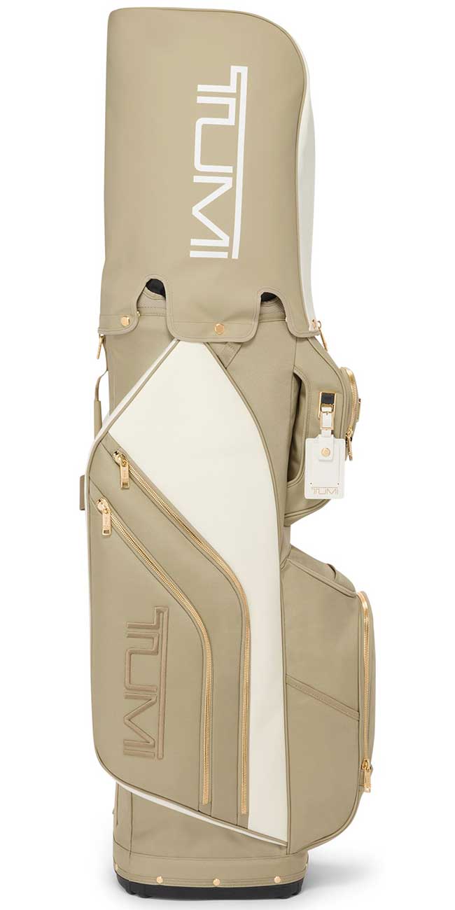 Side view of TUMI off white and tan golf bag