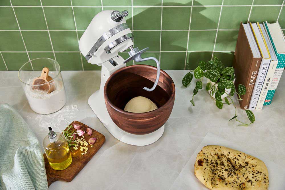 Artisan 5 Qt. Stand Mixer with Walnut Wood Bowl in Kitchen Setting 2
