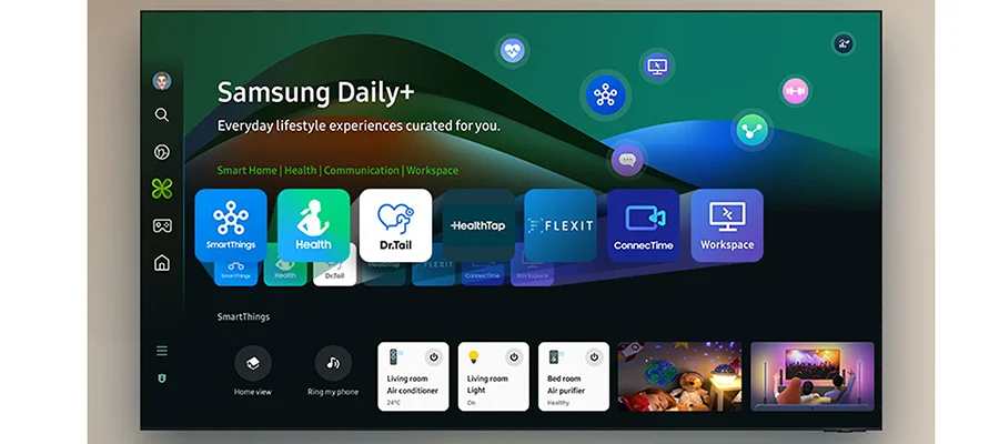 A Samsung TV displaying a menu/entertainment interface