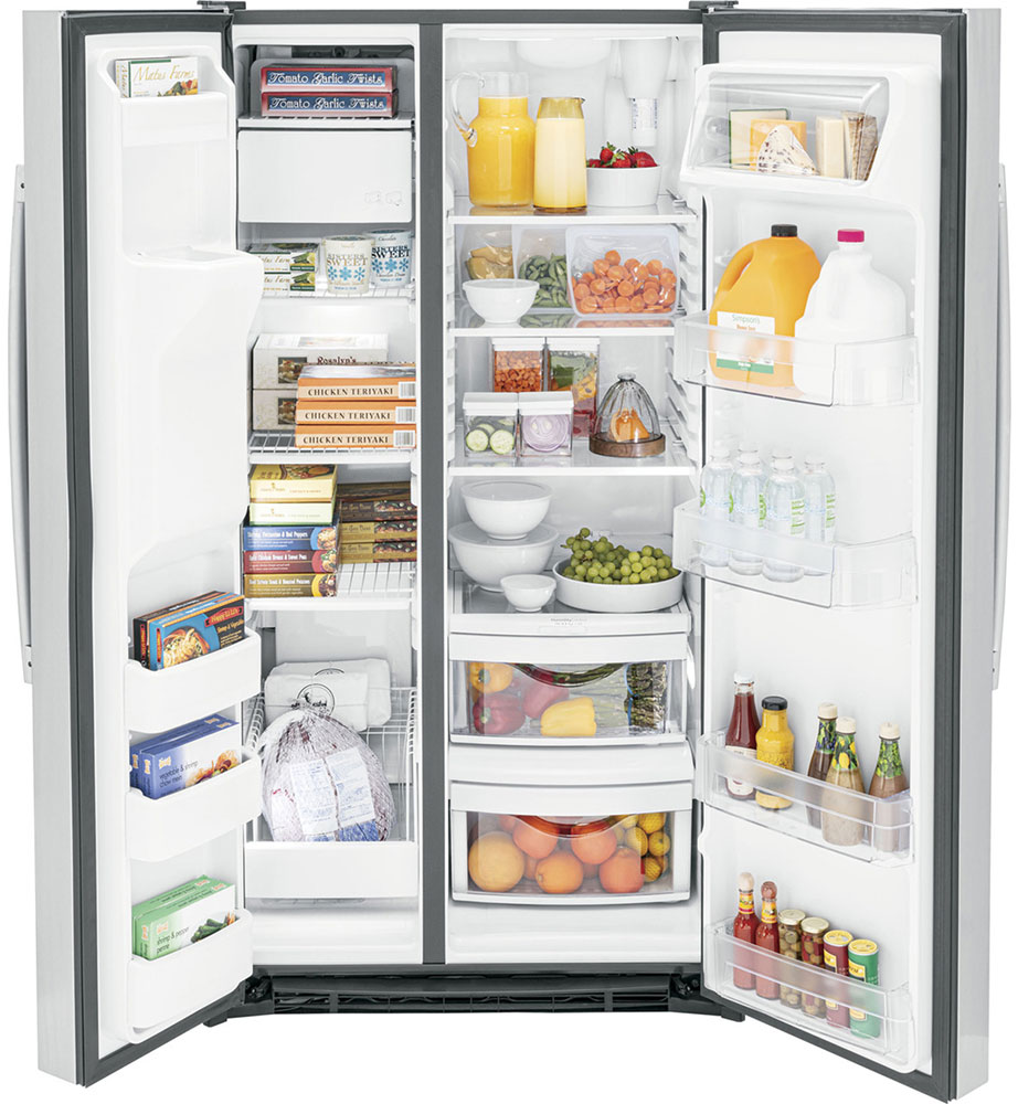 Front view of stainless steel side by side refrigerator open and full