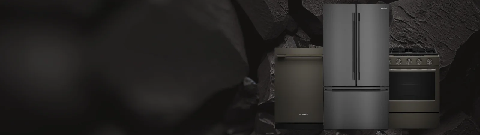 stylized background with black material showcasing what black ore would be with a 3 piece appliance suite in black ore from kitchenaid