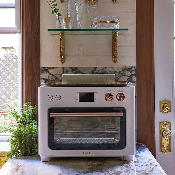 matte white Cafe air fryer on marble kitchen counter