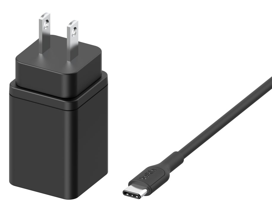 Front Angled View of Belkin Wireless Charging Pad with AC Adapter and USB-C Cable