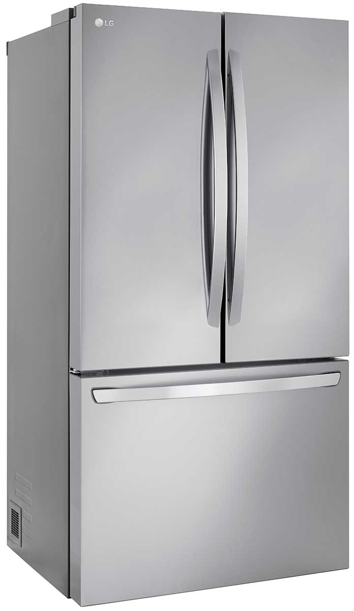 Left-angle view of closed refrigerator.