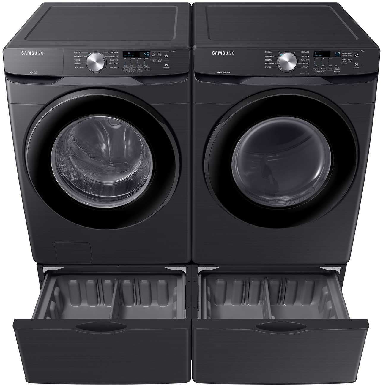Slight aerial view of washer with dryer and pedestals.