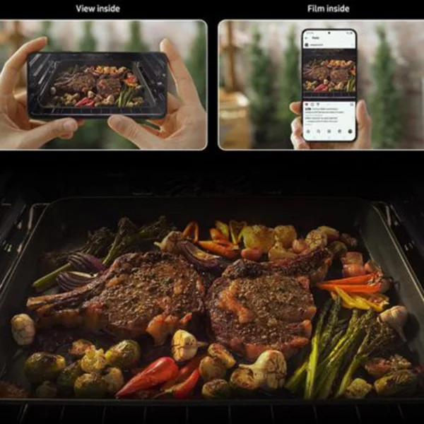 interior view of Samsung range with steak and vegetables inside