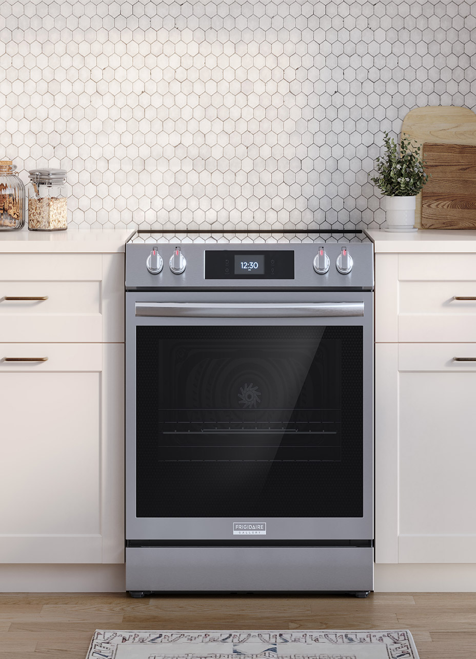 A close up straight forward lifestyle shot of a stainless steel frigidaire gallery range
