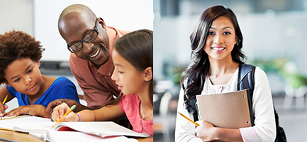 Side by side image of a teahcer with students and student holding a folder